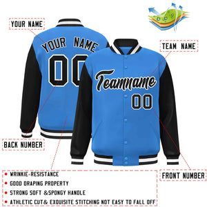 Custom Powder Blue Black-White Raglan Sleeves Varsity Full-Snap Letterman Jacket