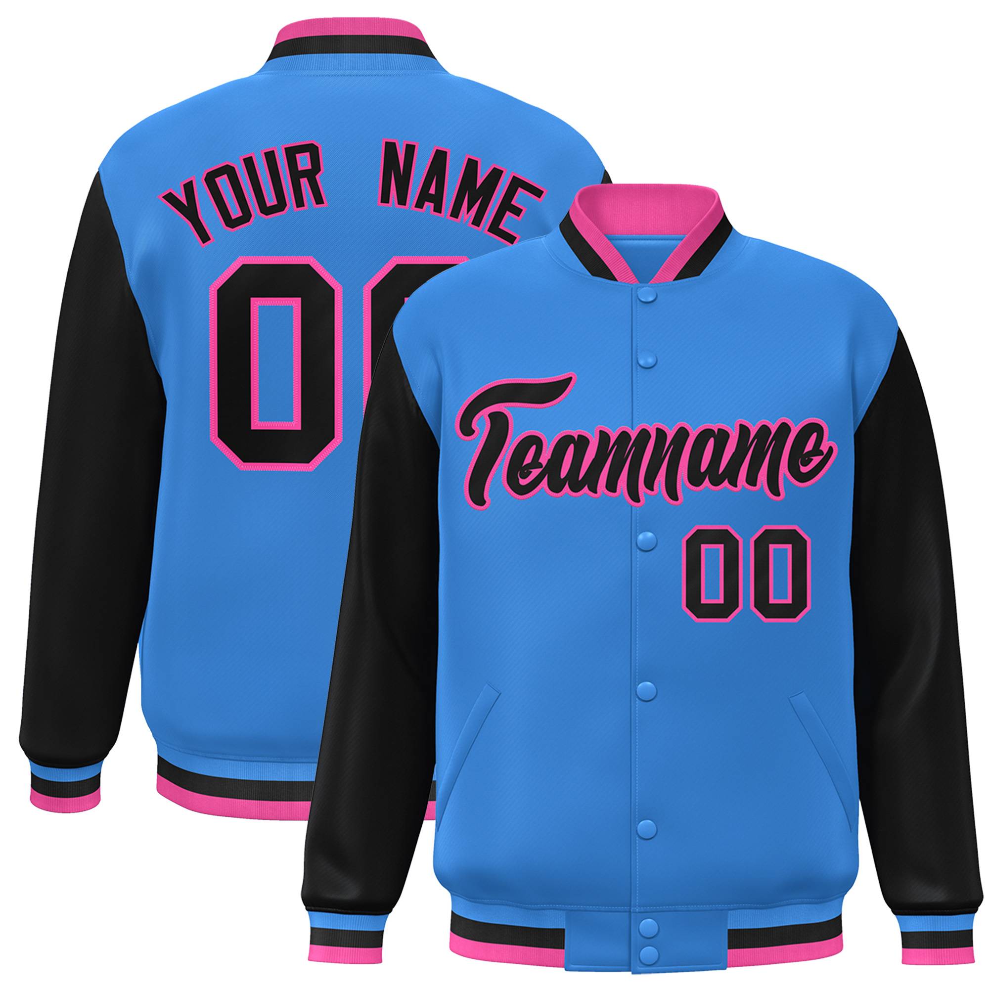 Veste Letterman Varsity Full-Snap à manches raglan bleu poudre personnalisée noir-rose