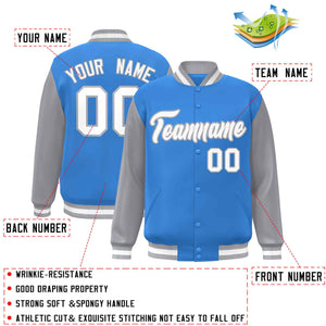 Custom Powder Blue White-Gray Raglan Sleeves Varsity Full-Snap Letterman Jacket