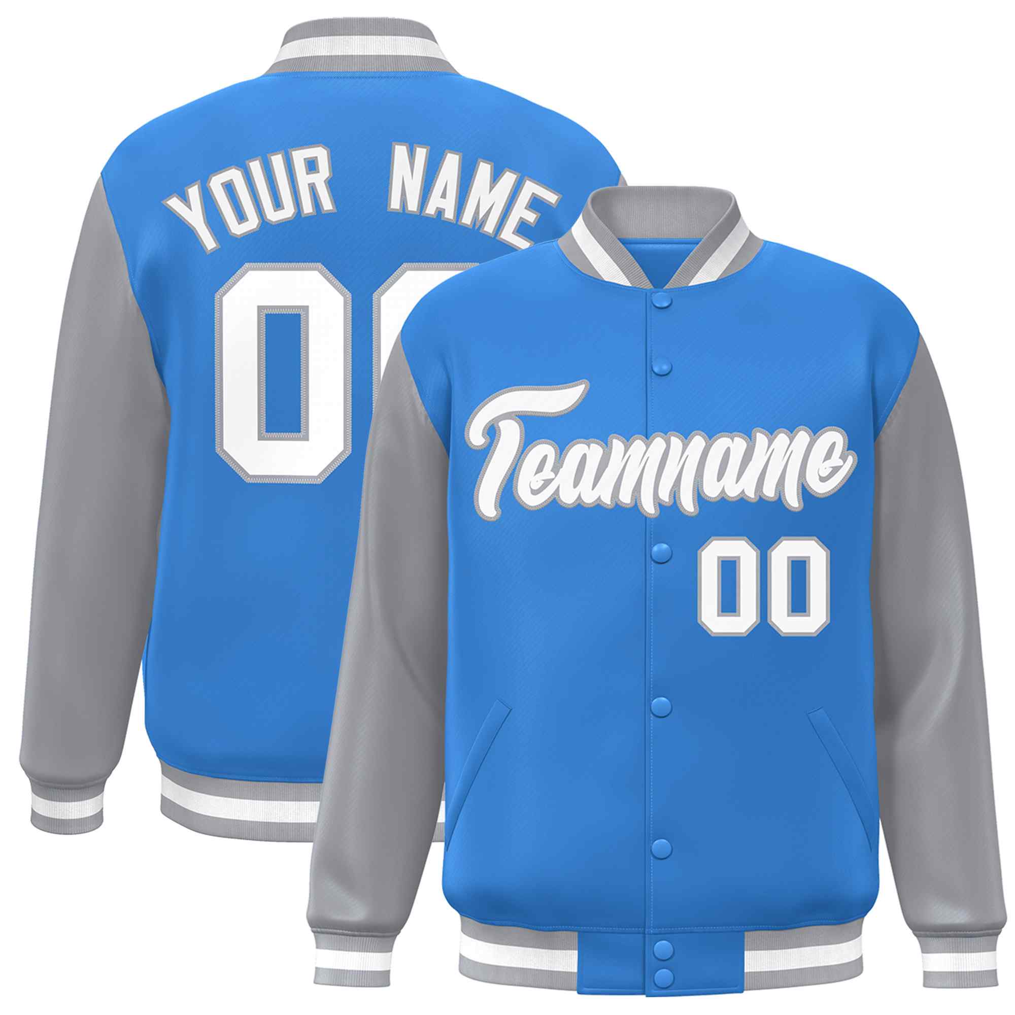 Veste Letterman Varsity Full-Snap à manches raglan bleu poudre blanc-gris personnalisée