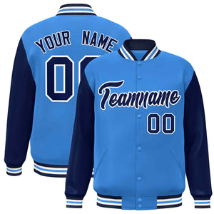 Custom Powder Blue Navy-White Raglan Sleeves Varsity Full-Snap Letterman Jacket