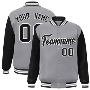 Veste Letterman Varsity Full-Snap à manches raglan gris noir-blanc personnalisée