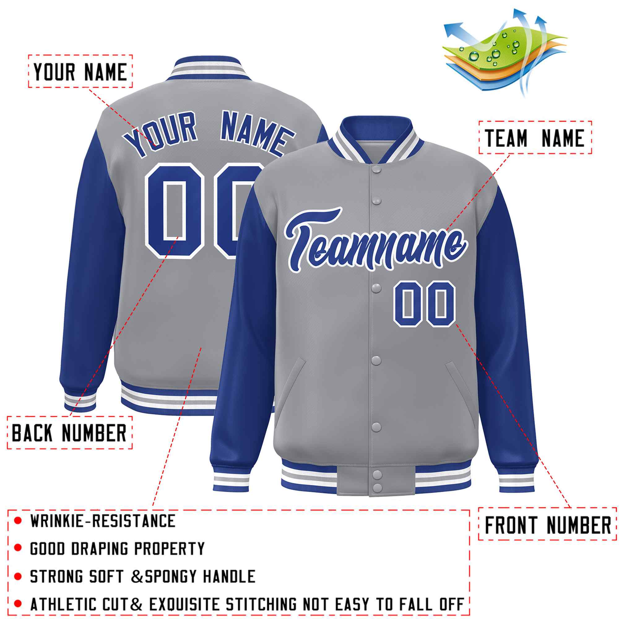 Veste Letterman Varsity Full-Snap à manches raglan gris royal-blanc personnalisée