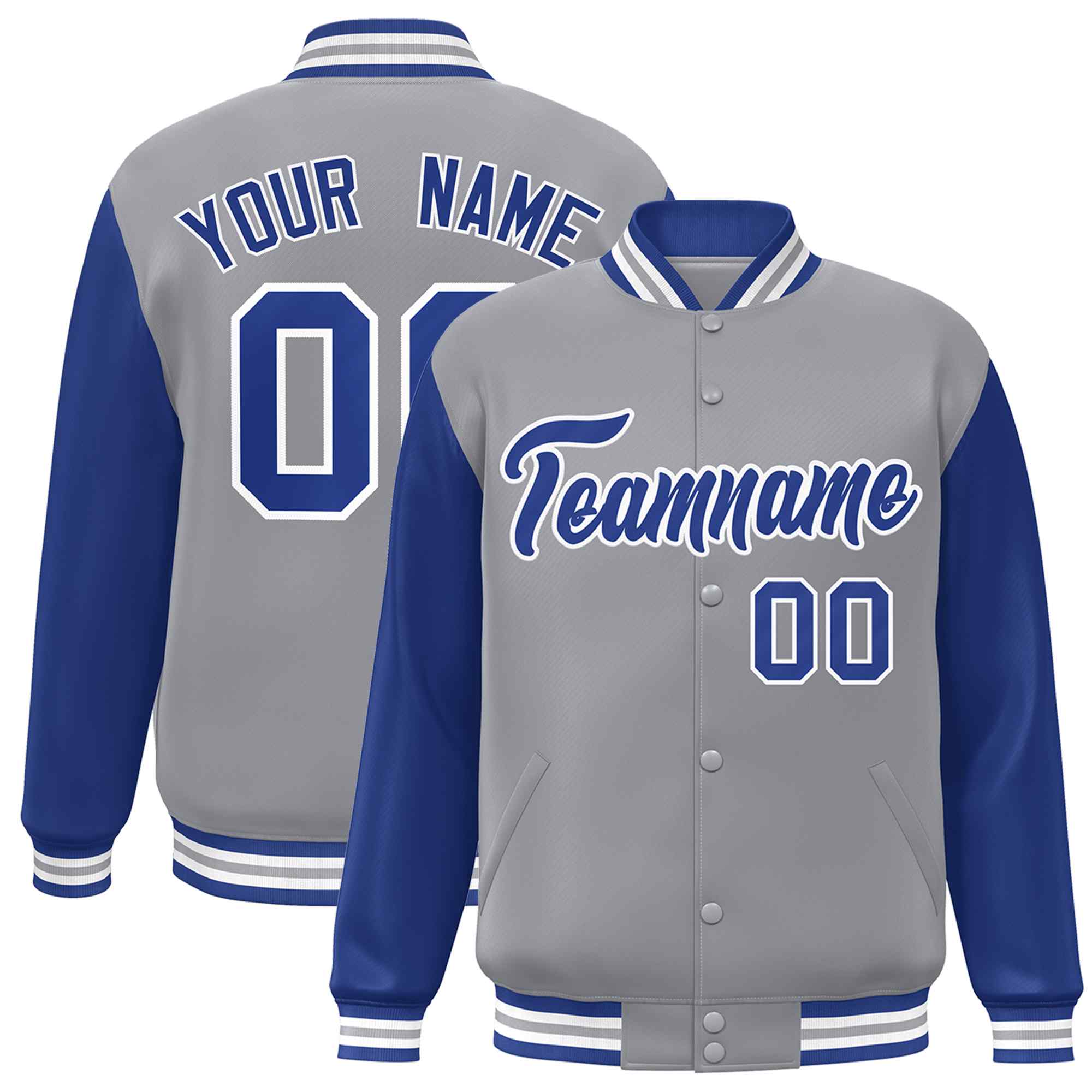 Veste Letterman Varsity Full-Snap à manches raglan gris royal-blanc personnalisée