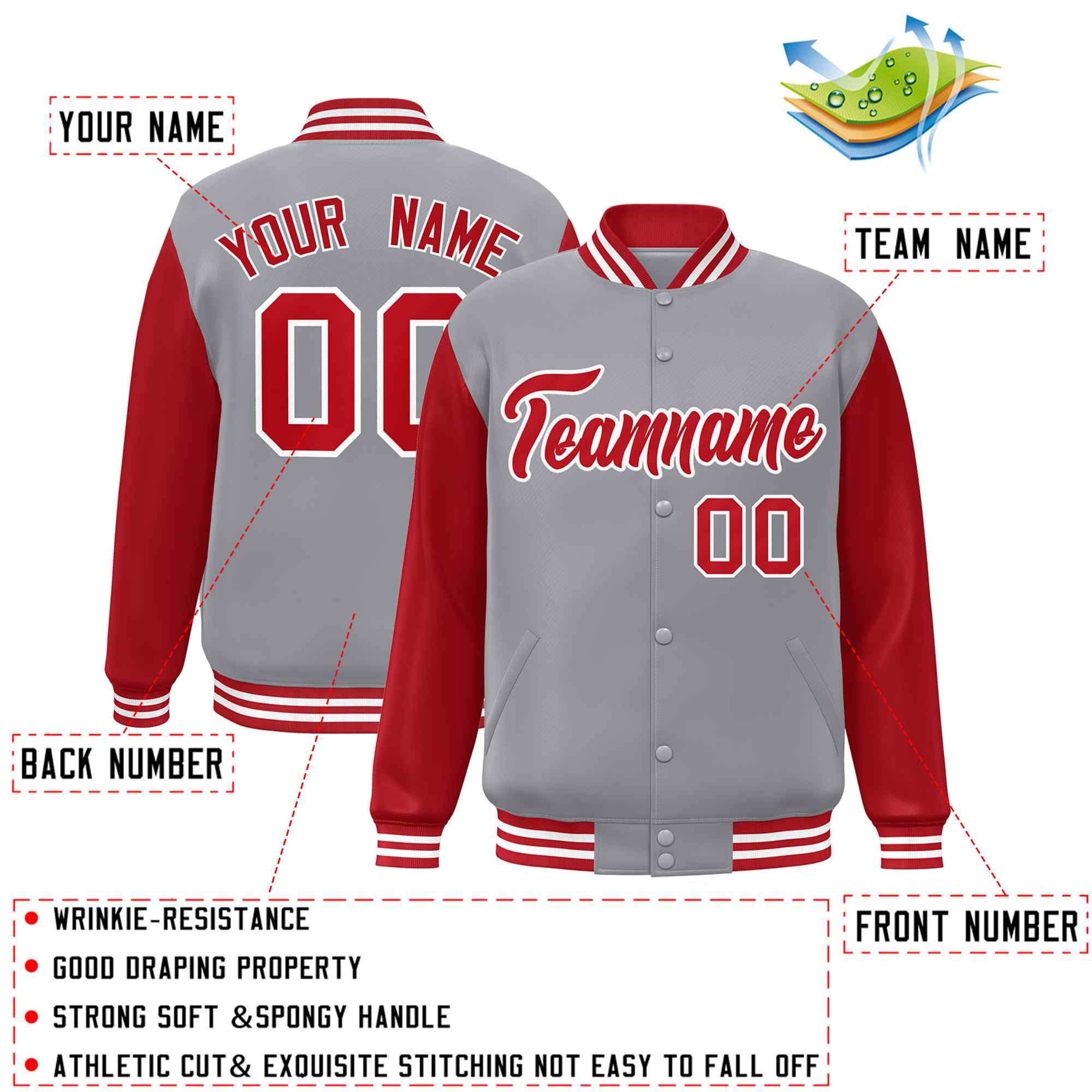 Veste Letterman Varsity Full-Snap à manches raglan personnalisées gris rouge-blanc