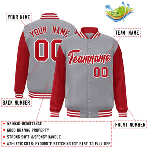 Veste Letterman Varsity Full-Snap à manches raglan personnalisées gris rouge-blanc