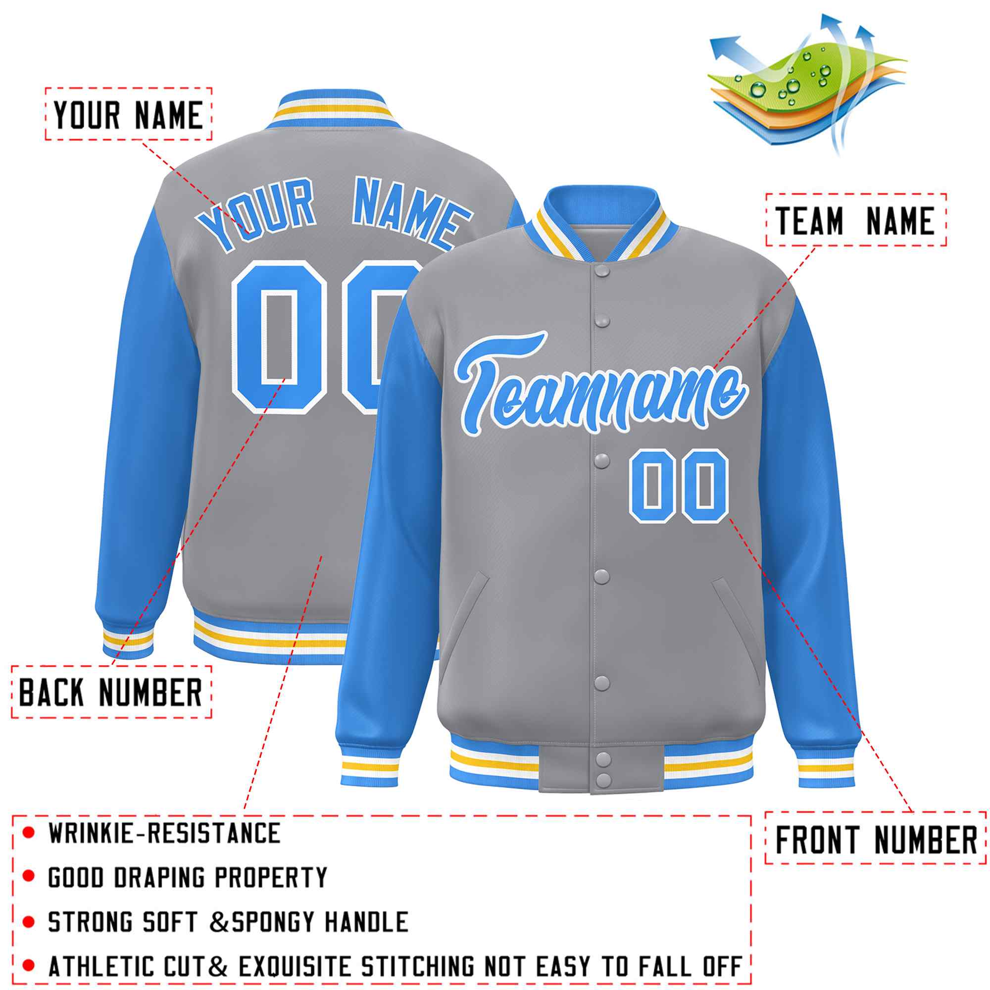 Custom Gray Powder Blue-White Raglan Sleeves Varsity Full-Snap Letterman Jacket