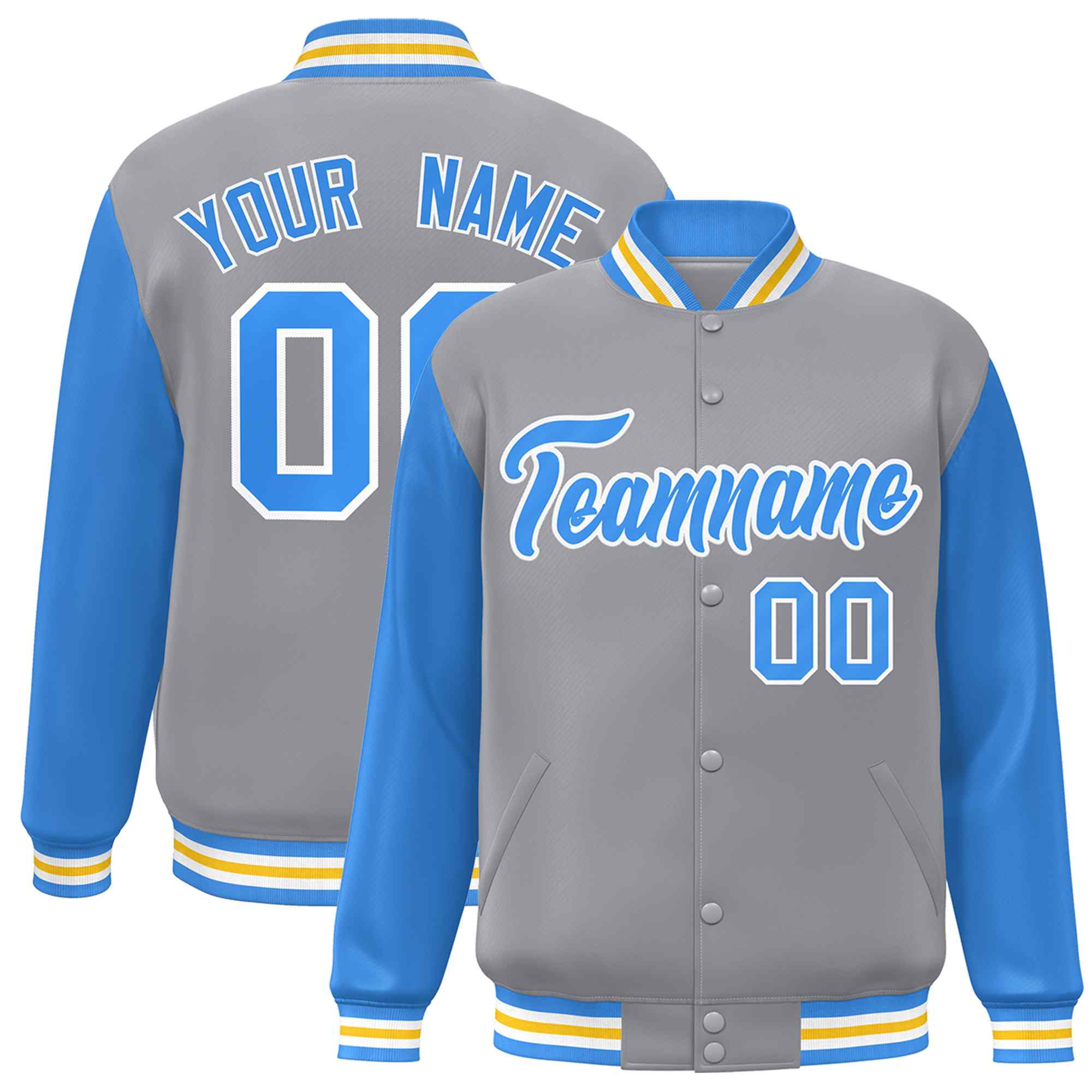 Custom Gray Powder Blue-White Raglan Sleeves Varsity Full-Snap Letterman Jacket