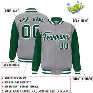 Veste Letterman Varsity Full-Snap à manches raglan gris vert-blanc personnalisée