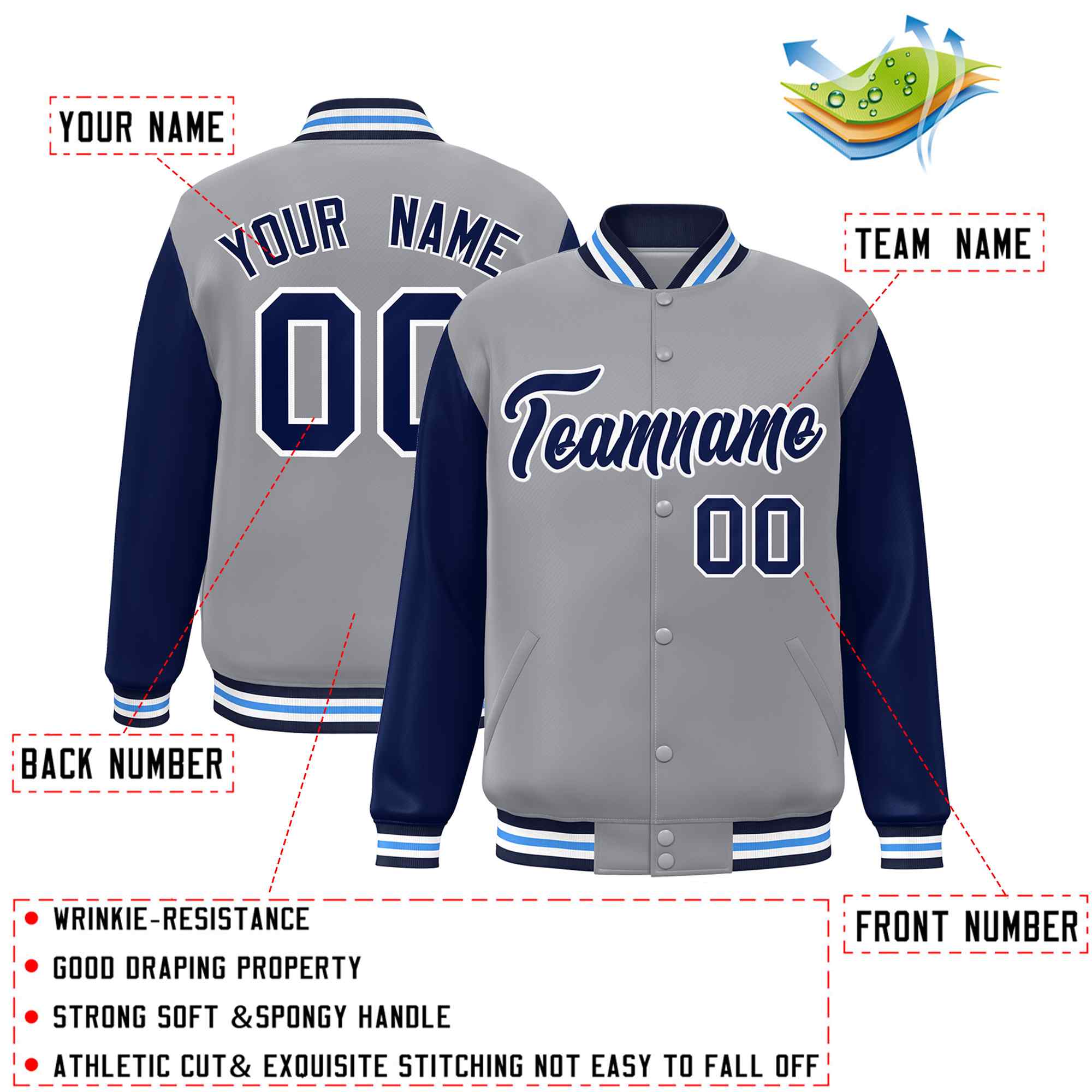 Veste Letterman Varsity Full-Snap à manches raglan gris marine-blanc personnalisée