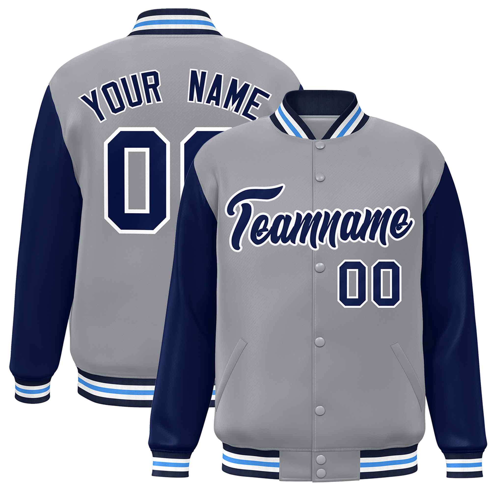 Veste Letterman Varsity Full-Snap à manches raglan gris marine-blanc personnalisée