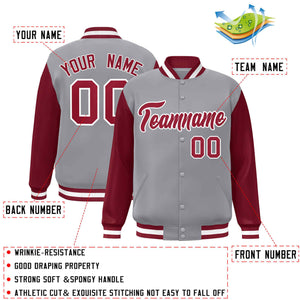 Custom Gray Crimson-White Raglan Sleeves Varsity Full-Snap Letterman Jacket