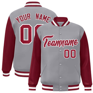 Custom Gray Crimson-White Raglan Sleeves Varsity Full-Snap Letterman Jacket