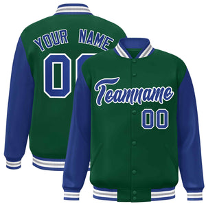 Custom Green Royal-White Raglan Sleeves Varsity Full-Snap Letterman Jacket