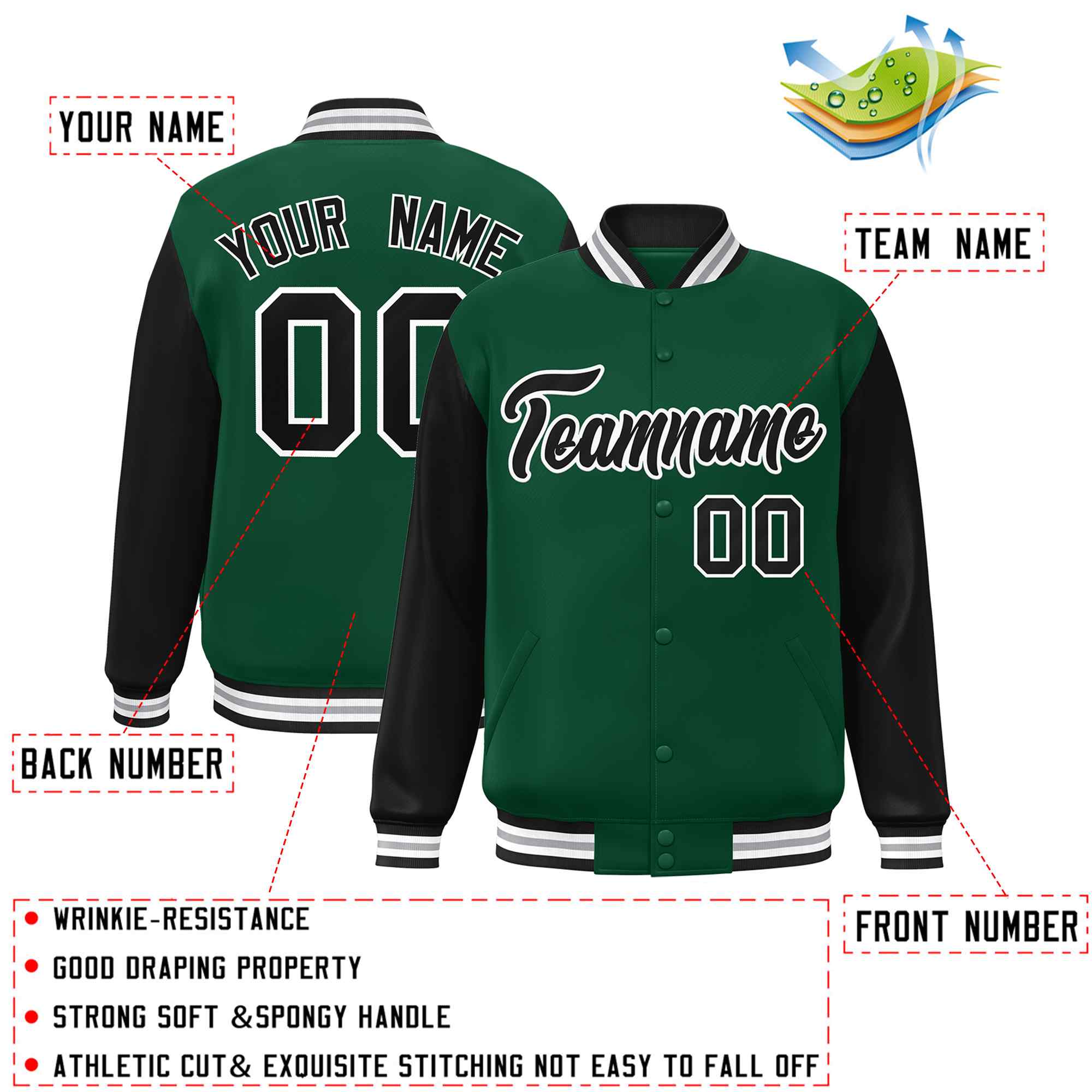 Veste Letterman Varsity Full-Snap à manches raglan personnalisées vert noir-blanc