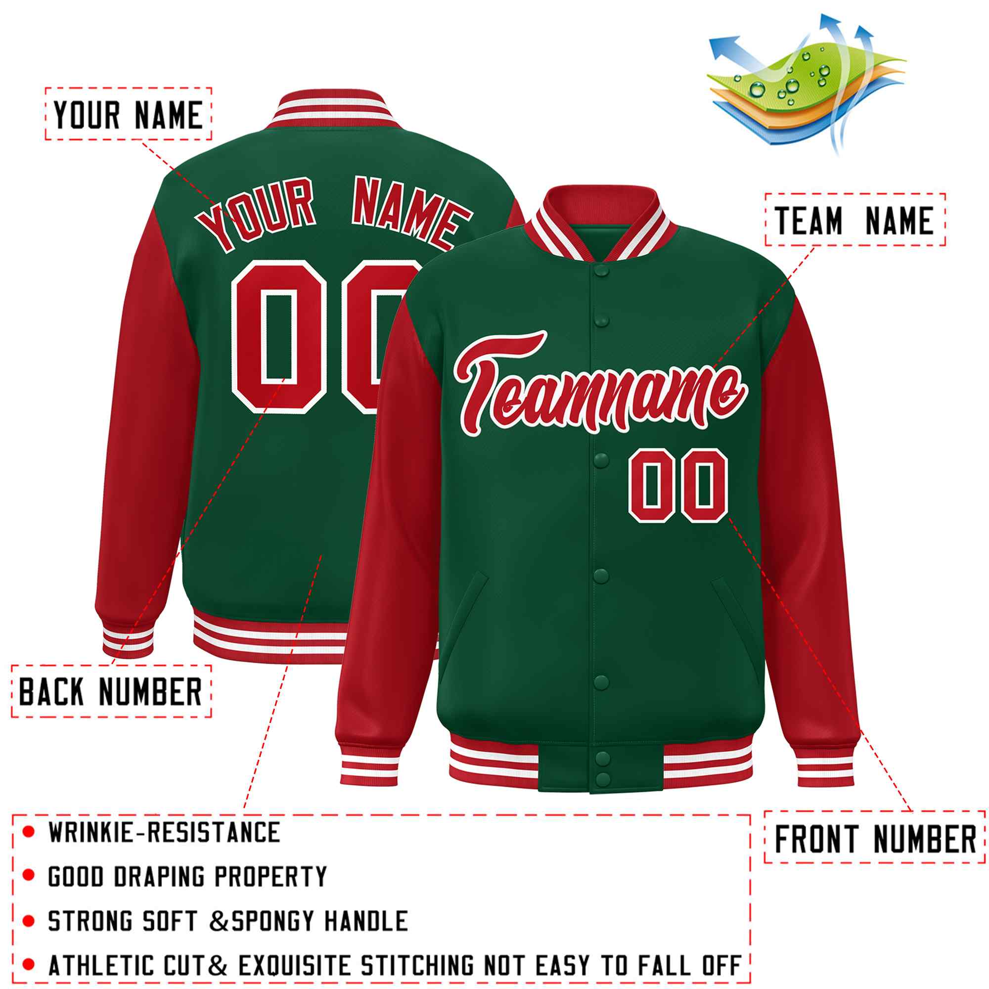 Veste Letterman Varsity Full-Snap à manches raglan personnalisées vert rouge-blanc