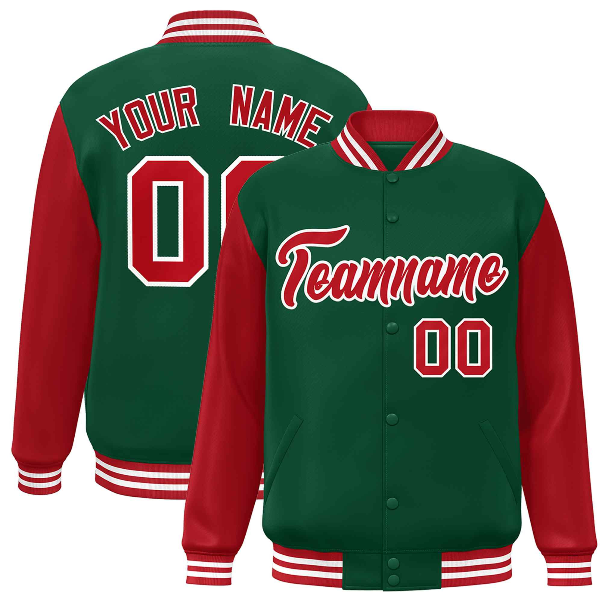 Veste Letterman Varsity Full-Snap à manches raglan personnalisées vert rouge-blanc