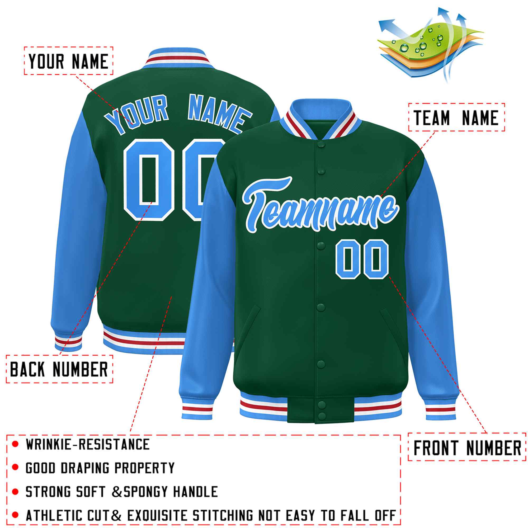 Custom Green Powder Blue-White Raglan Sleeves Varsity Full-Snap Letterman Jacket