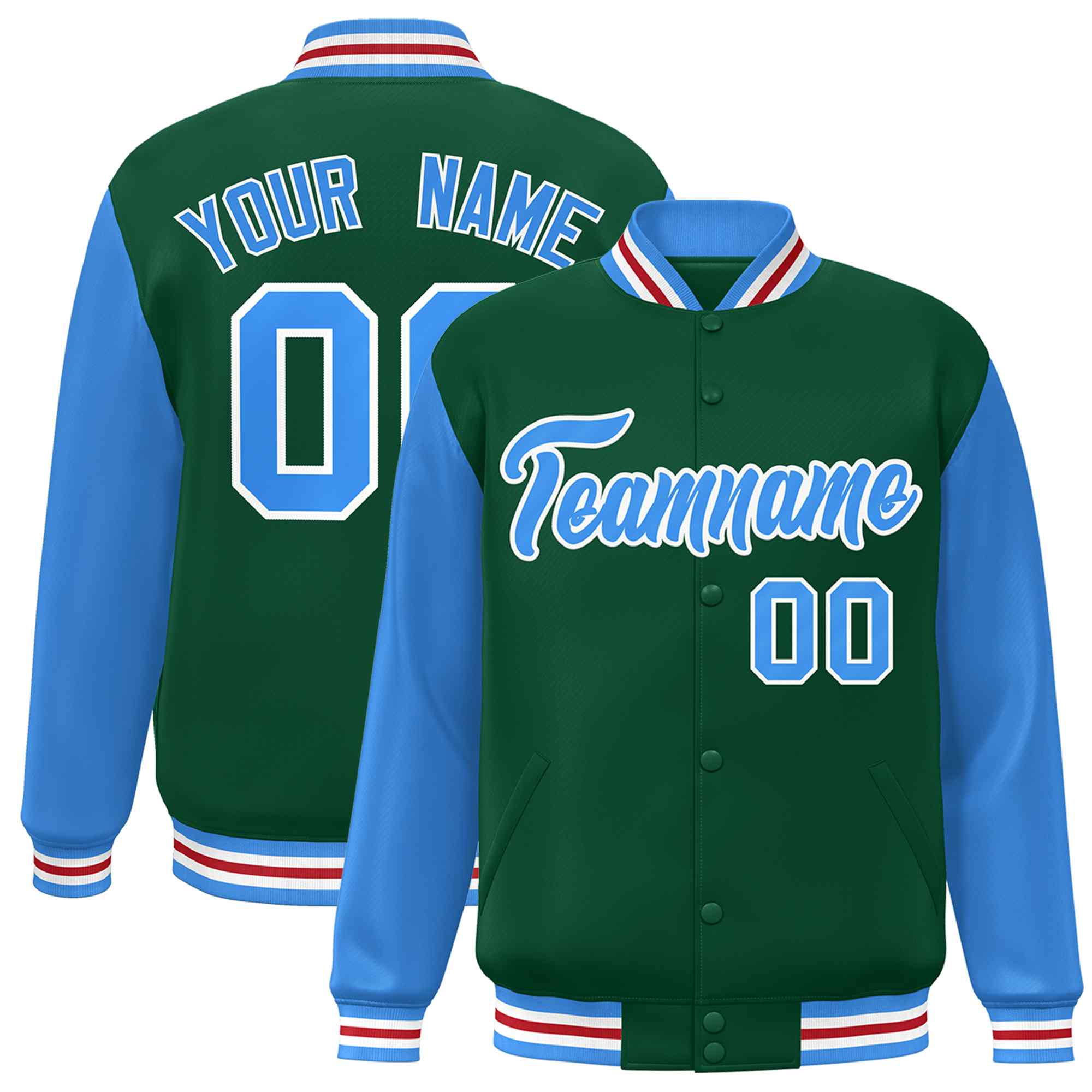 Custom Green Powder Blue-White Raglan Sleeves Varsity Full-Snap Letterman Jacket