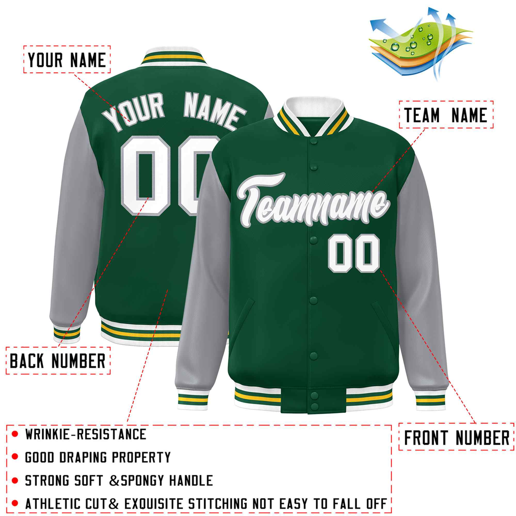 Veste Letterman Varsity Full-Snap à manches raglan personnalisées vert blanc-vert