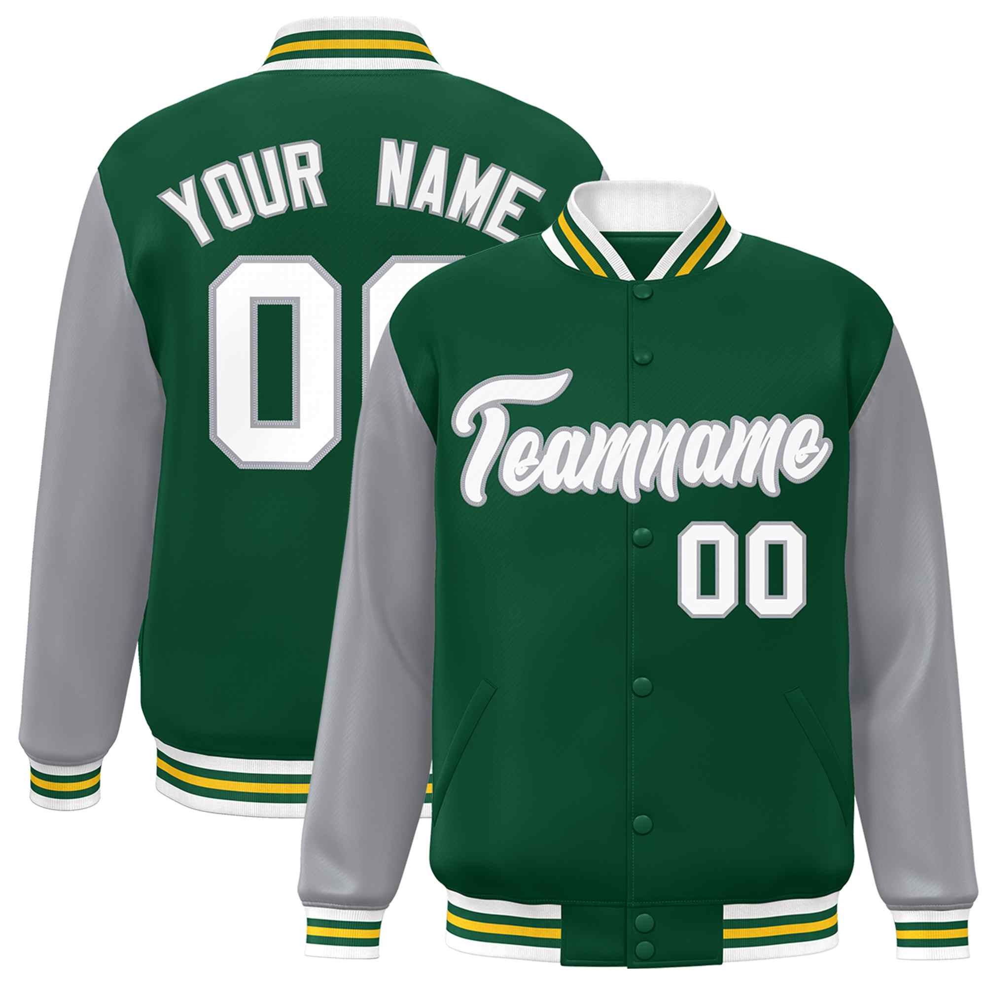 Veste Letterman Varsity Full-Snap à manches raglan personnalisées vert blanc-vert