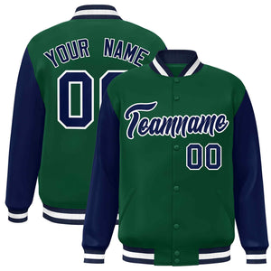 Veste Letterman Varsity Full-Snap à manches raglan personnalisées vert marine-blanc