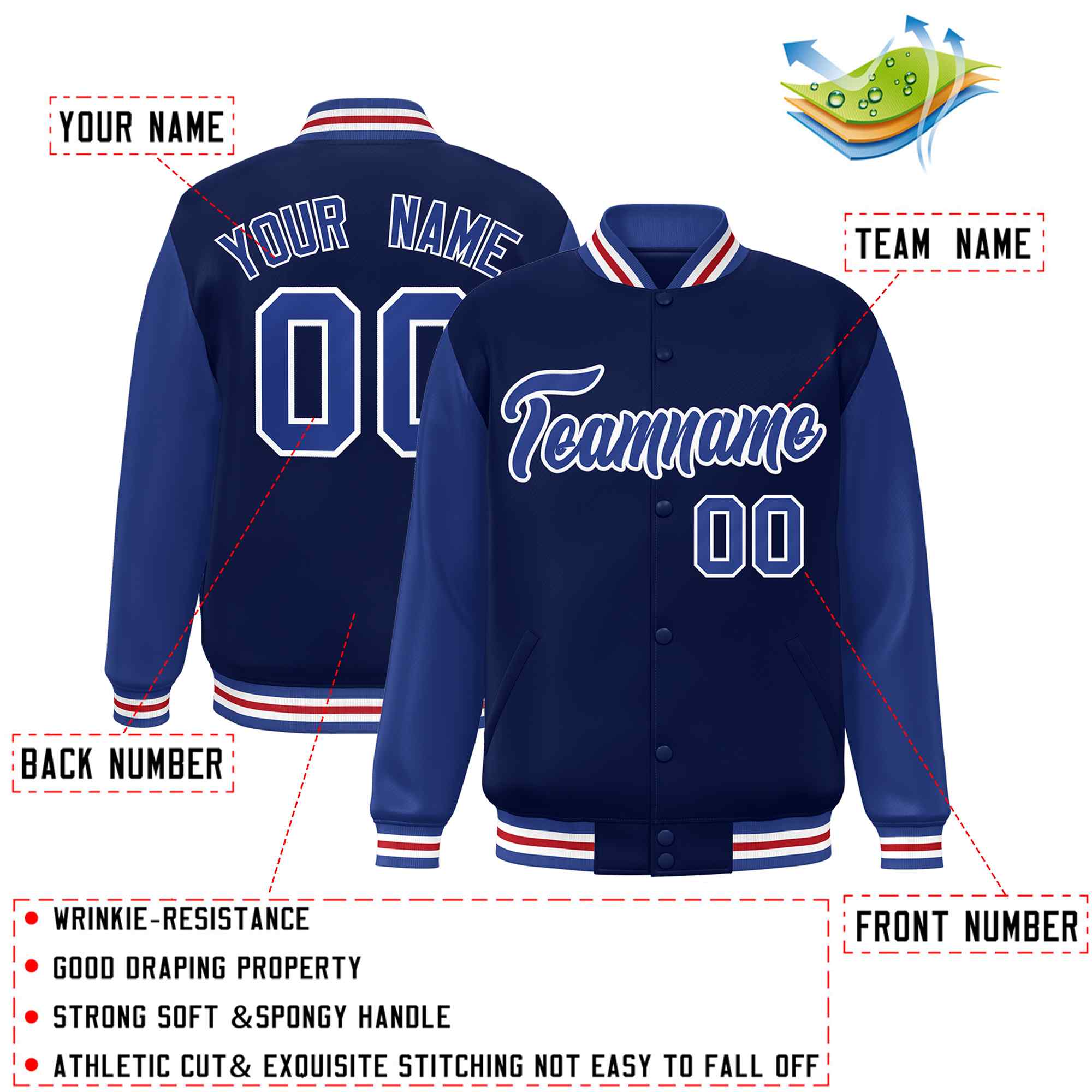 Custom Navy Royal-White Raglan Sleeves Varsity Full-Snap Letterman Jacket