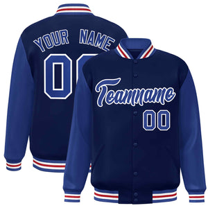 Veste Letterman Varsity Full-Snap à manches raglan bleu marine et blanc personnalisée