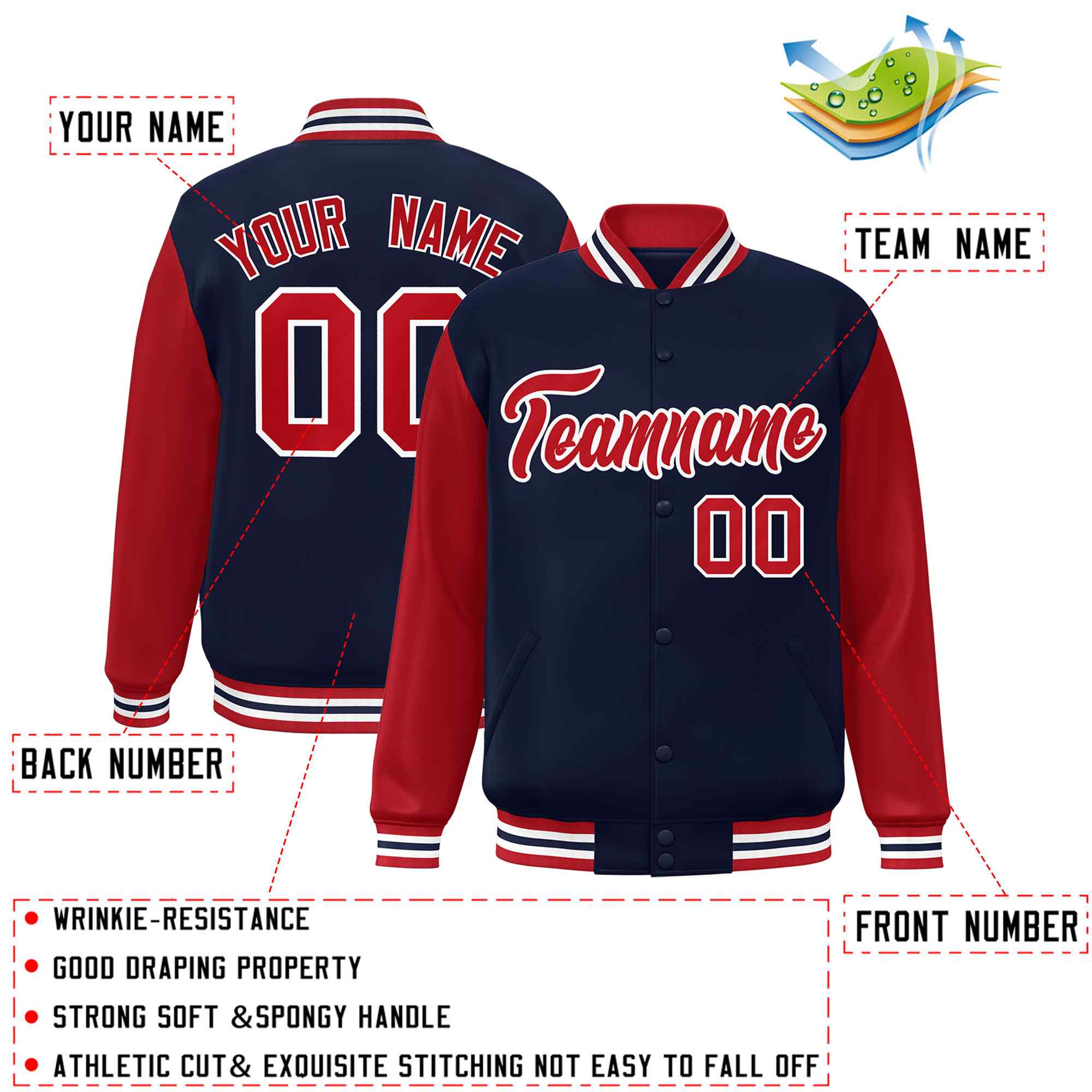 Veste Letterman Varsity Full-Snap à manches raglan personnalisées bleu marine et blanc