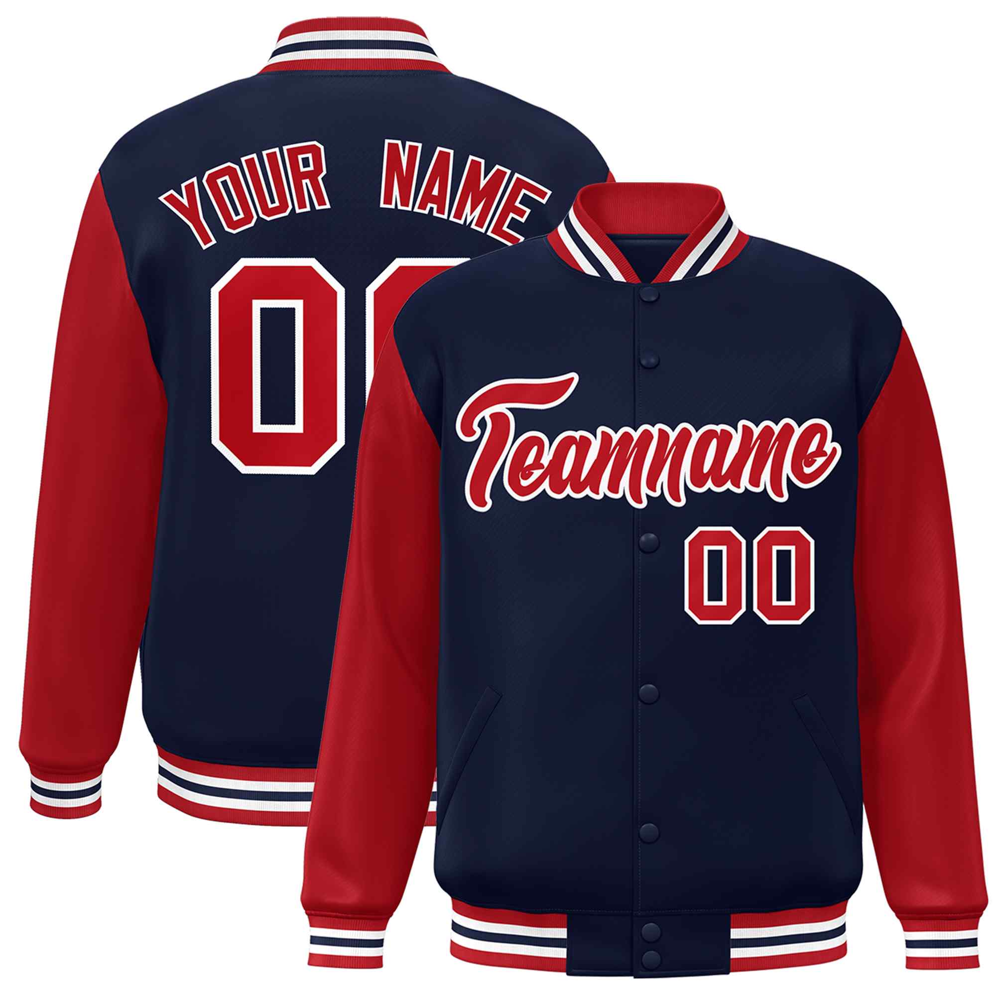 Custom Navy Red-White Raglan Sleeves Varsity Full-Snap Letterman Jacket