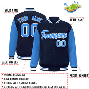 Veste Letterman Varsity Full-Snap à manches raglan bleu marine-blanc personnalisée