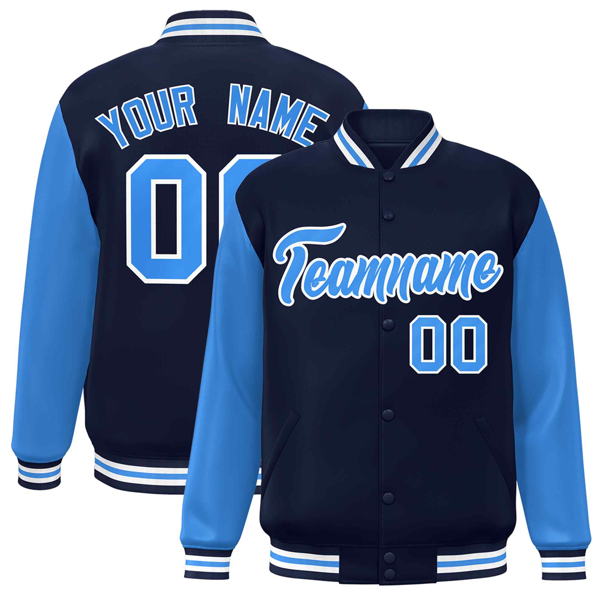 Custom Navy Powder Blue-White Raglan Sleeves Varsity Full-Snap Letterman Jacket