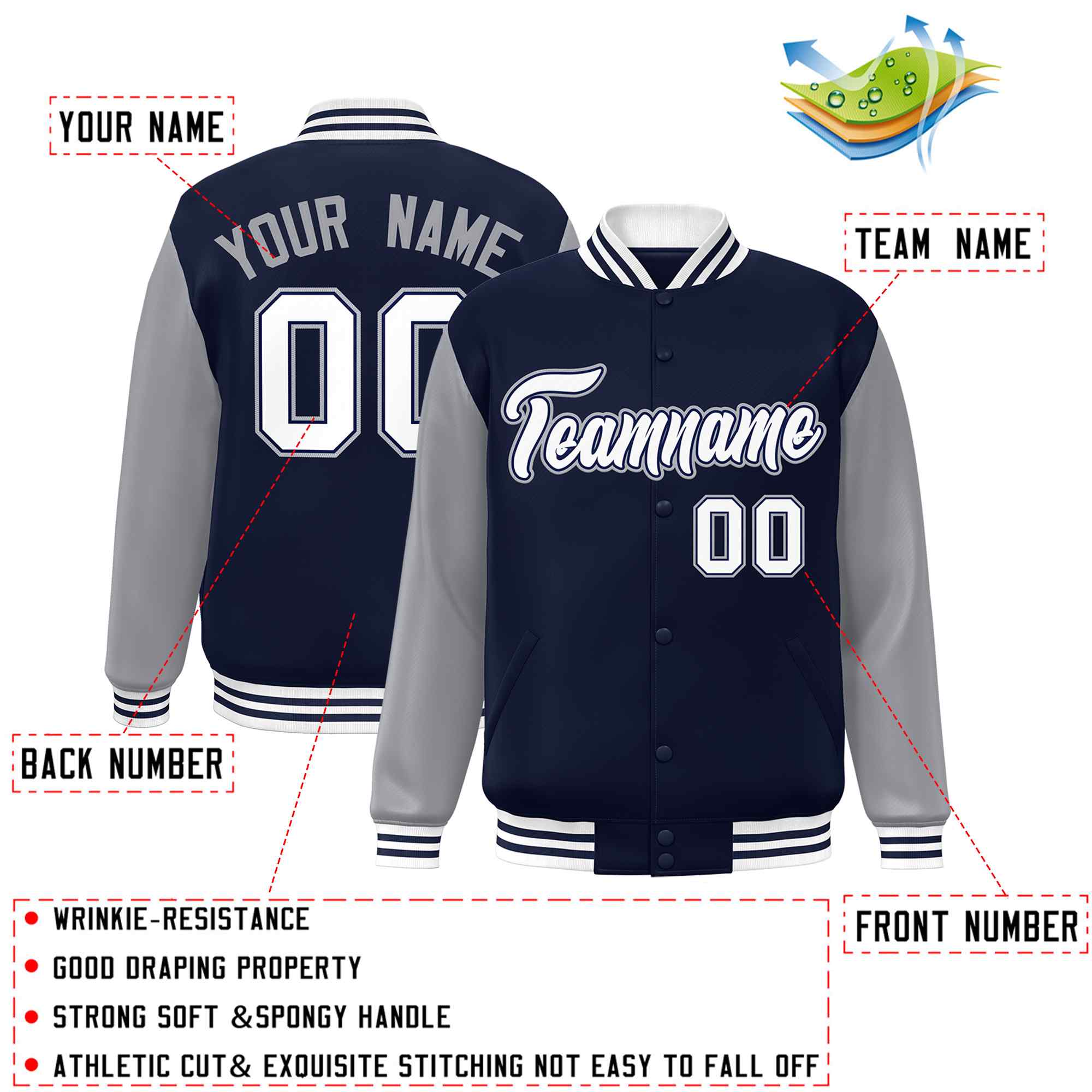 Custom Navy White-Navy Raglan Sleeves Varsity Full-Snap Letterman Jacket