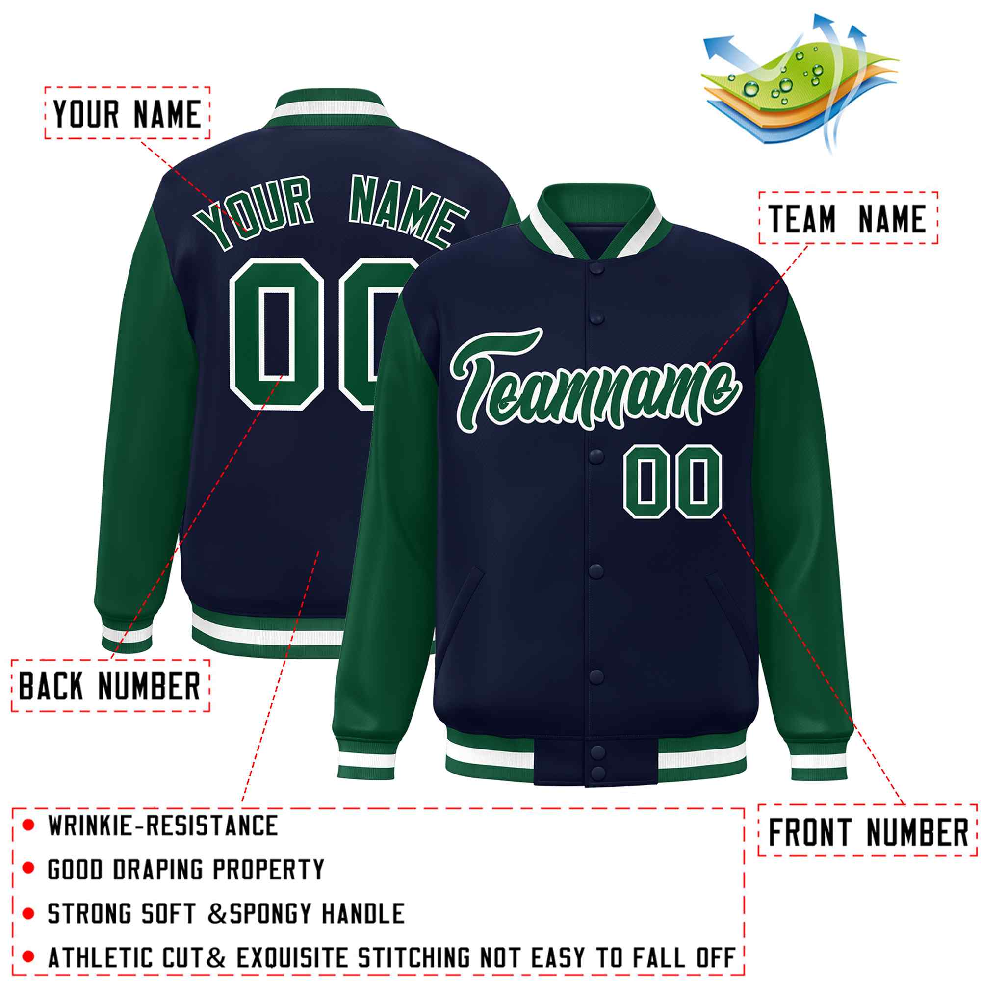 Custom Navy Green-White Raglan Sleeves Varsity Full-Snap Letterman Jacket