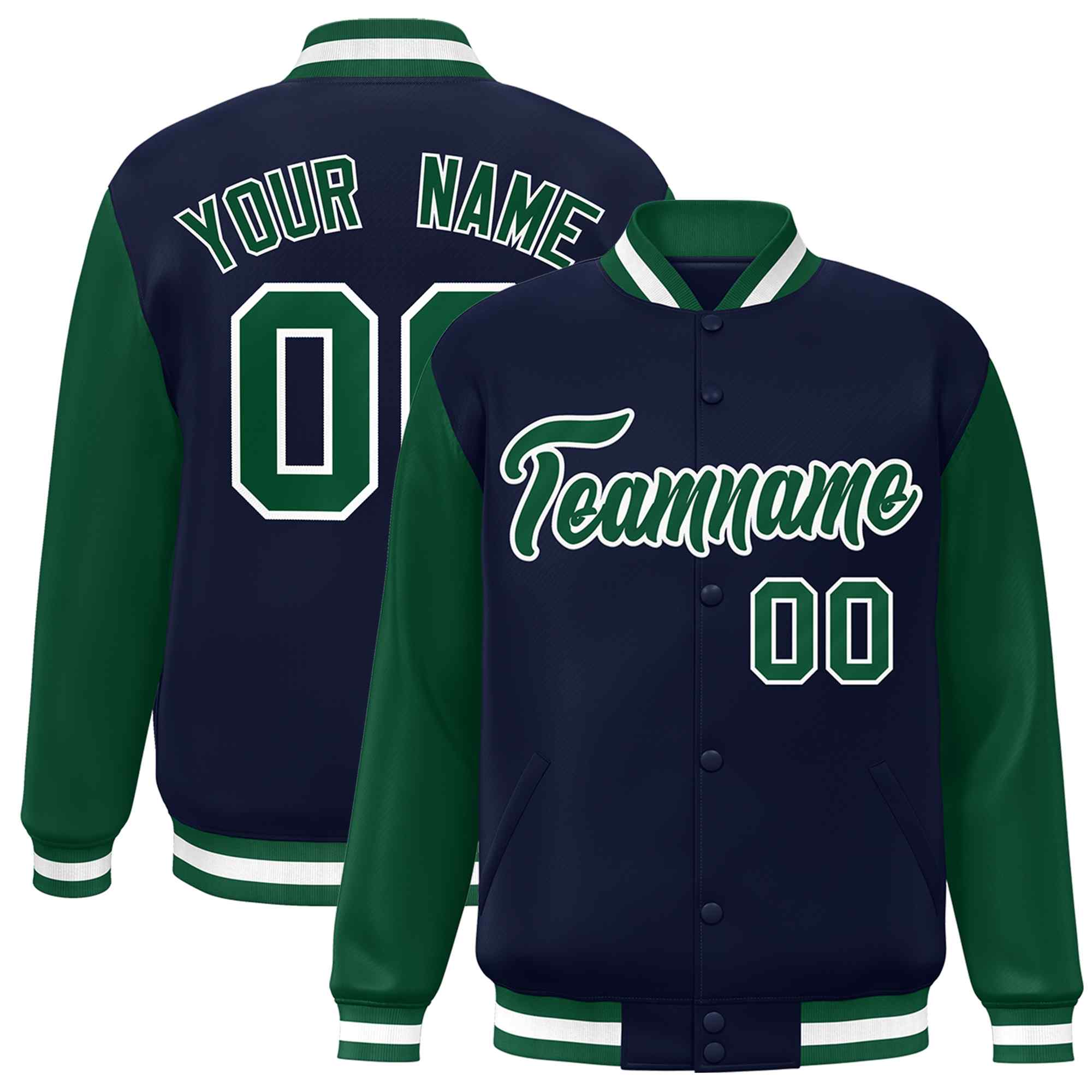 Custom Navy Green-White Raglan Sleeves Varsity Full-Snap Letterman Jacket