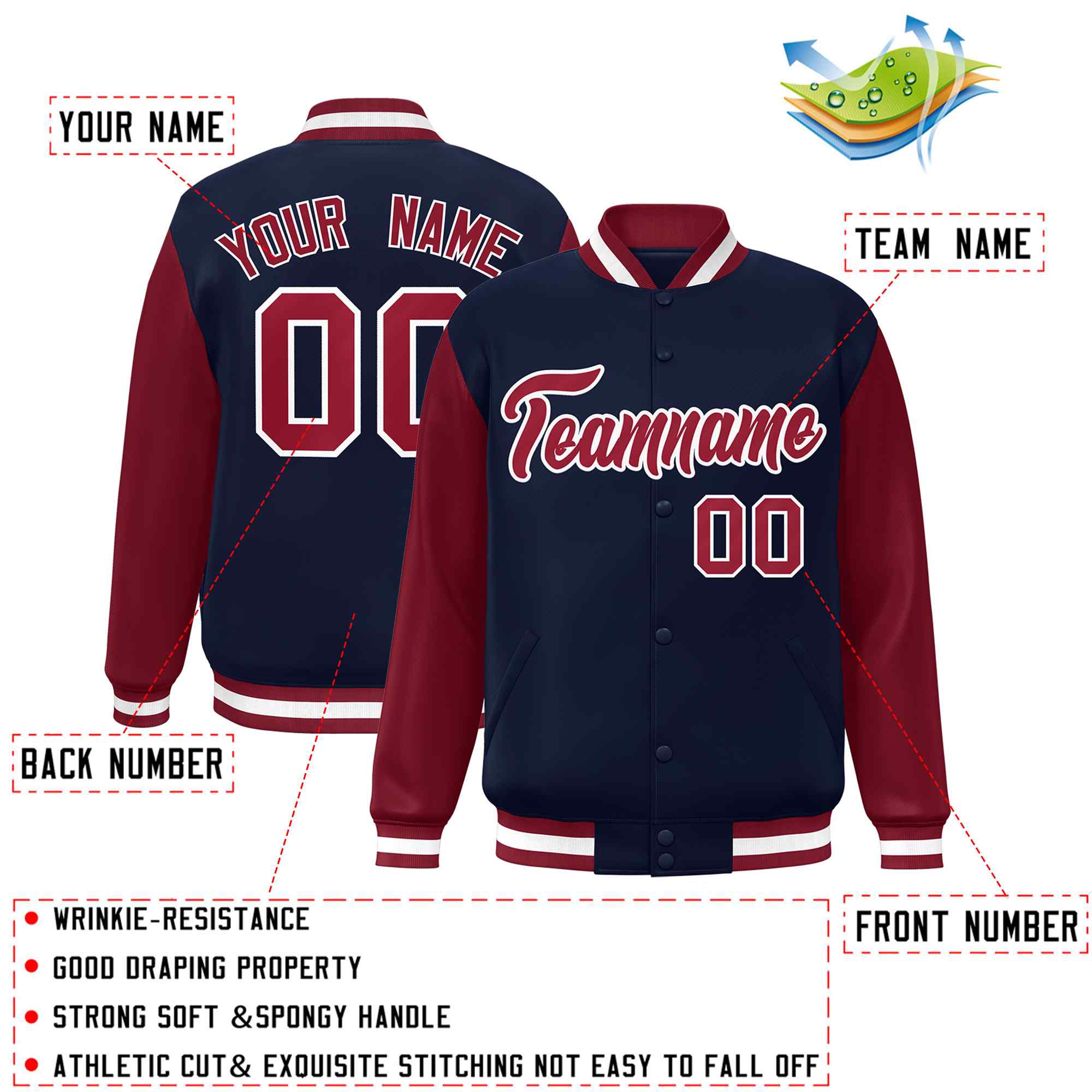 Veste Letterman Varsity Full-Snap à manches raglan bleu marine et blanc personnalisée