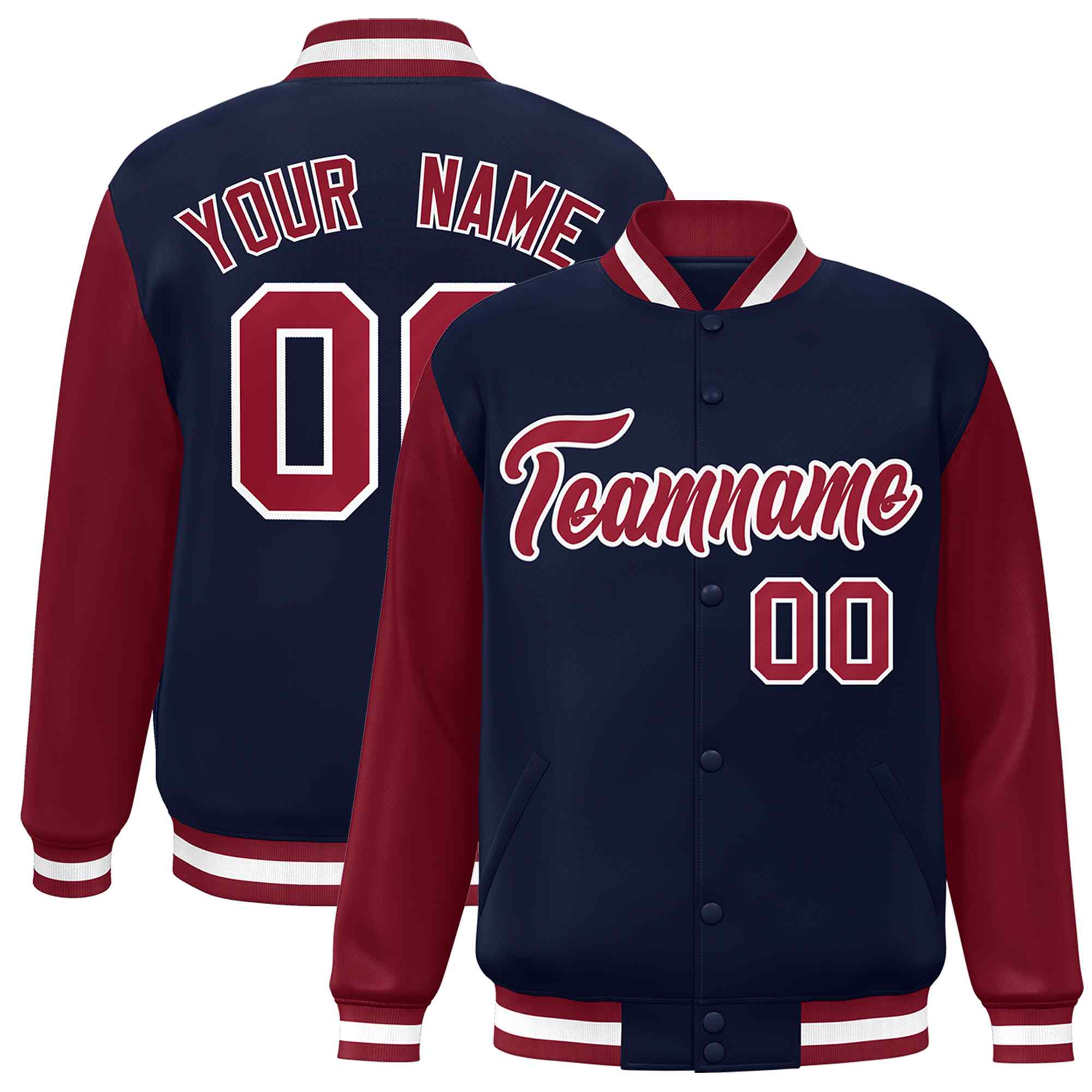 Custom Navy Crimson-White Raglan Sleeves Varsity Full-Snap Letterman Jacket