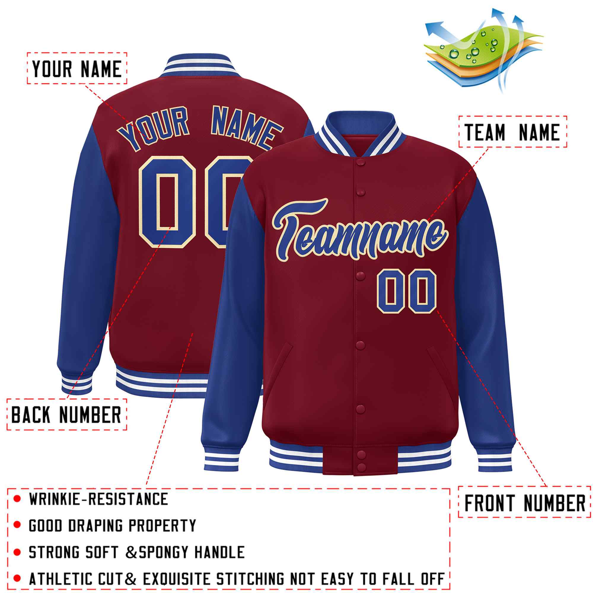 Custom Crimson Royal-Khaki Raglan Sleeves Varsity Full-Snap Letterman Jacket