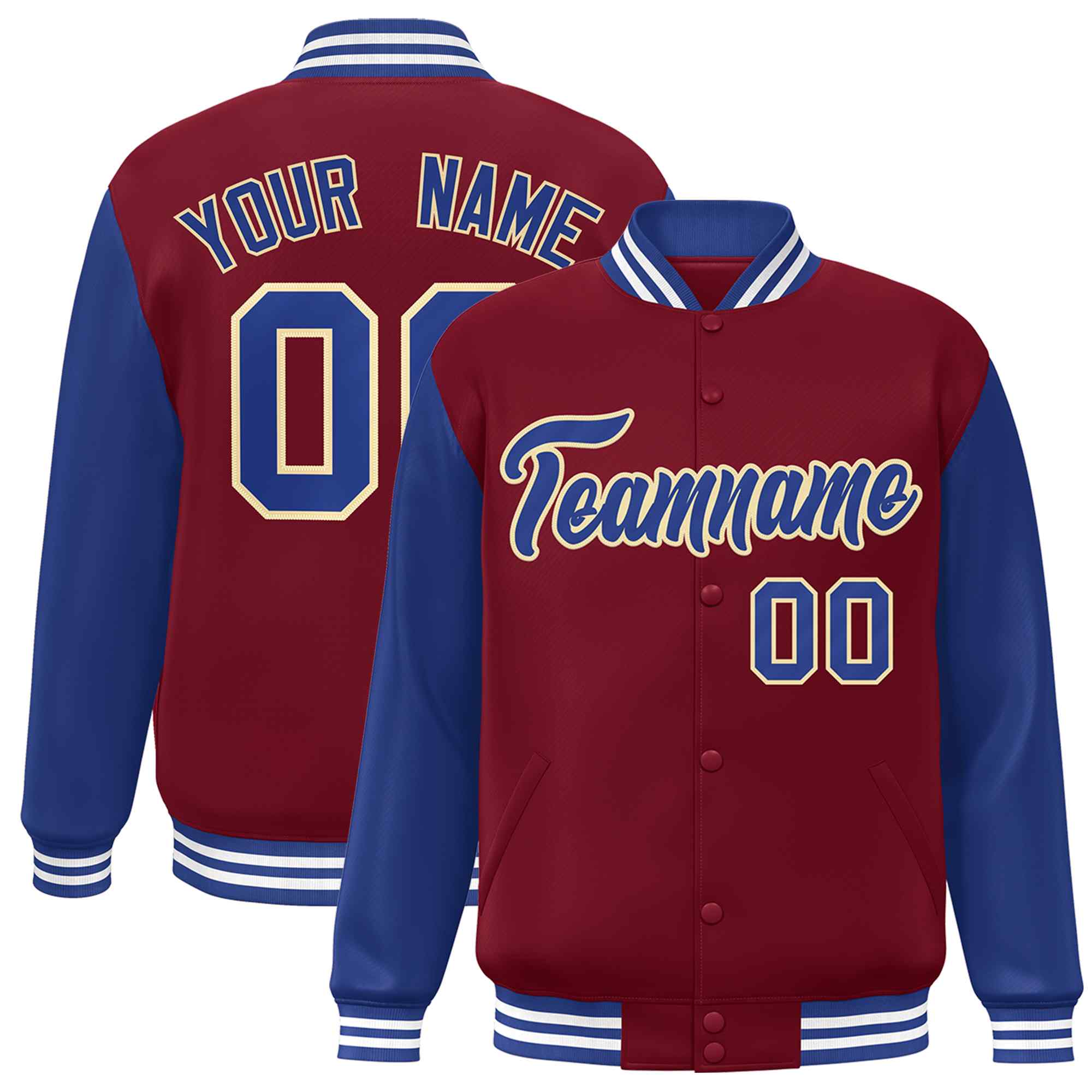 Custom Crimson Royal-Khaki Raglan Sleeves Varsity Full-Snap Letterman Jacket