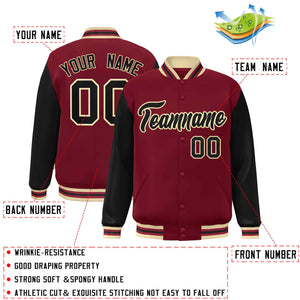 Custom Crimson Black-Khaki Raglan Sleeves Varsity Full-Snap Letterman Jacket