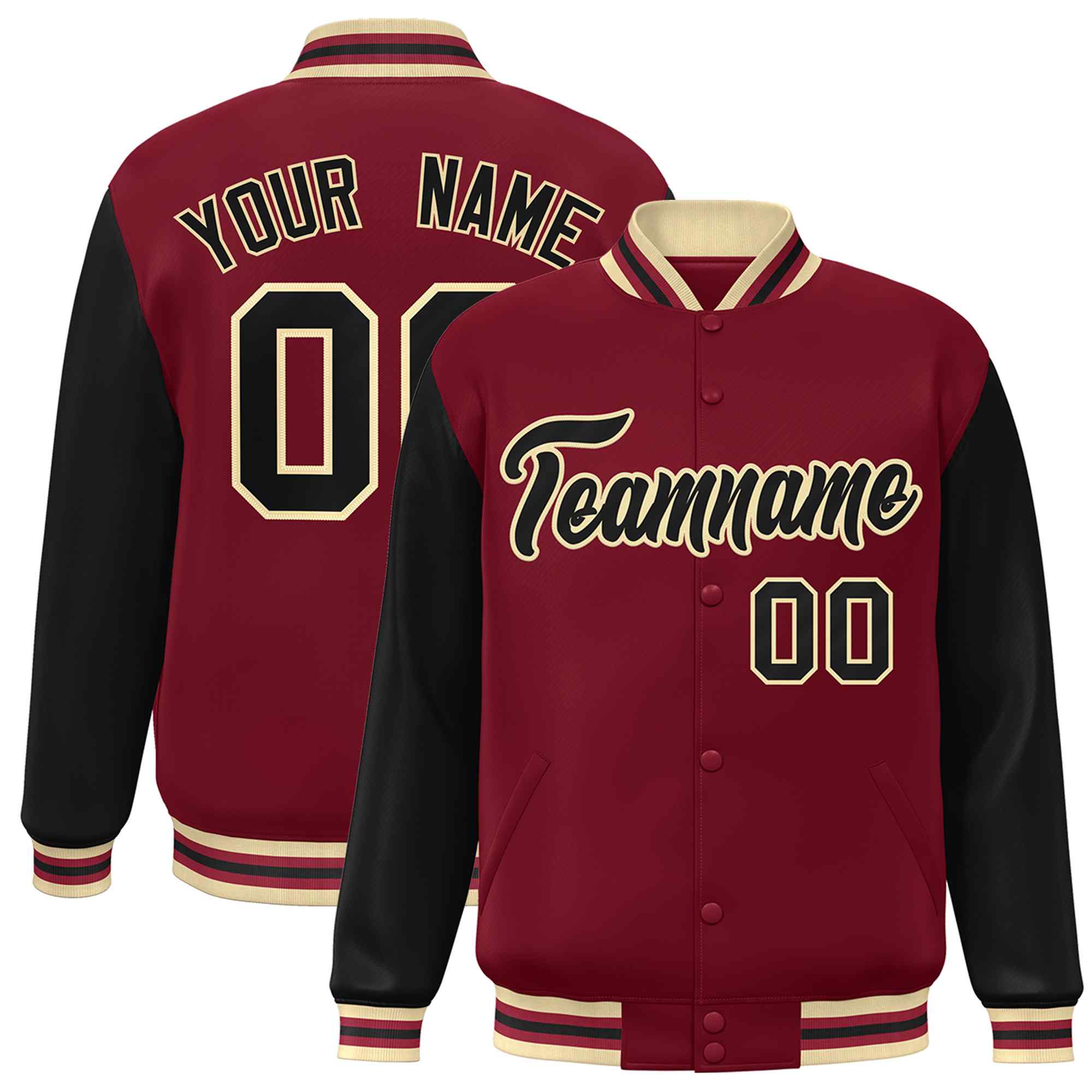 Veste Letterman Varsity Full-Snap Custom Crimson Noir-Kaki à manches raglan