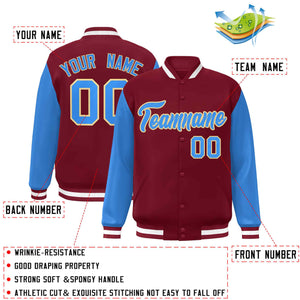 Veste Letterman Varsity Full-Snap à manches raglan bleu-kaki poudre cramoisie personnalisée