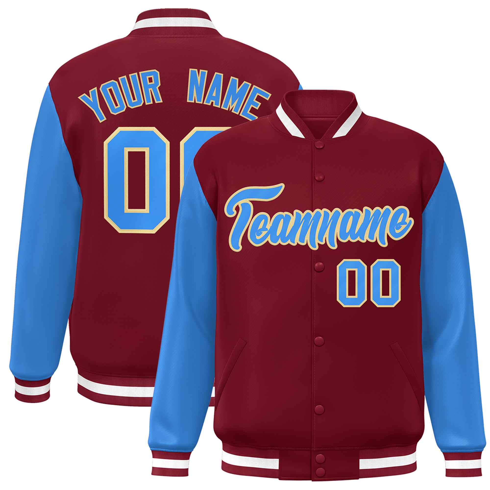 Veste Letterman Varsity Full-Snap à manches raglan bleu-kaki poudre cramoisie personnalisée