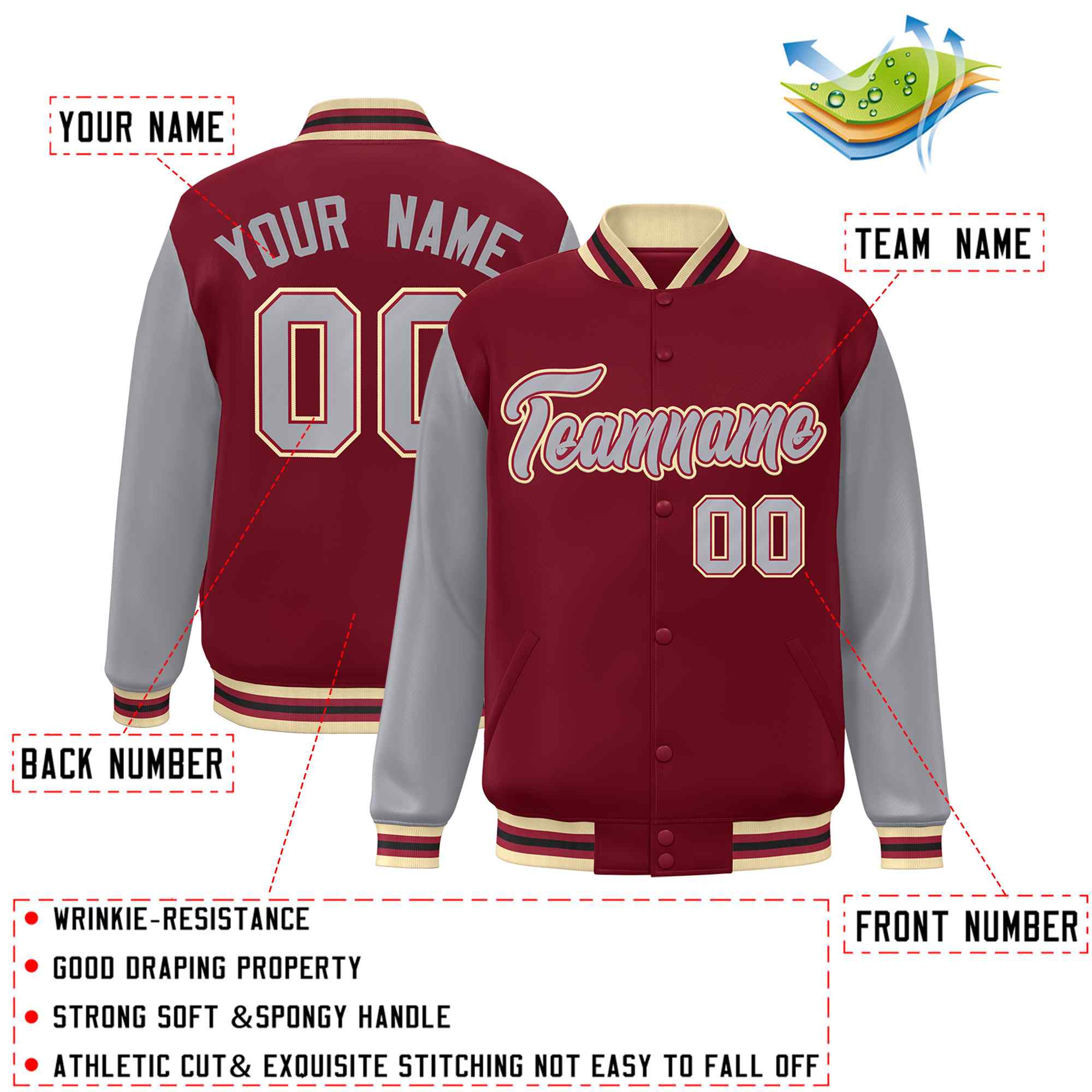 Custom Crimson Gray-Crimson Raglan Sleeves Varsity Full-Snap Letterman Jacket