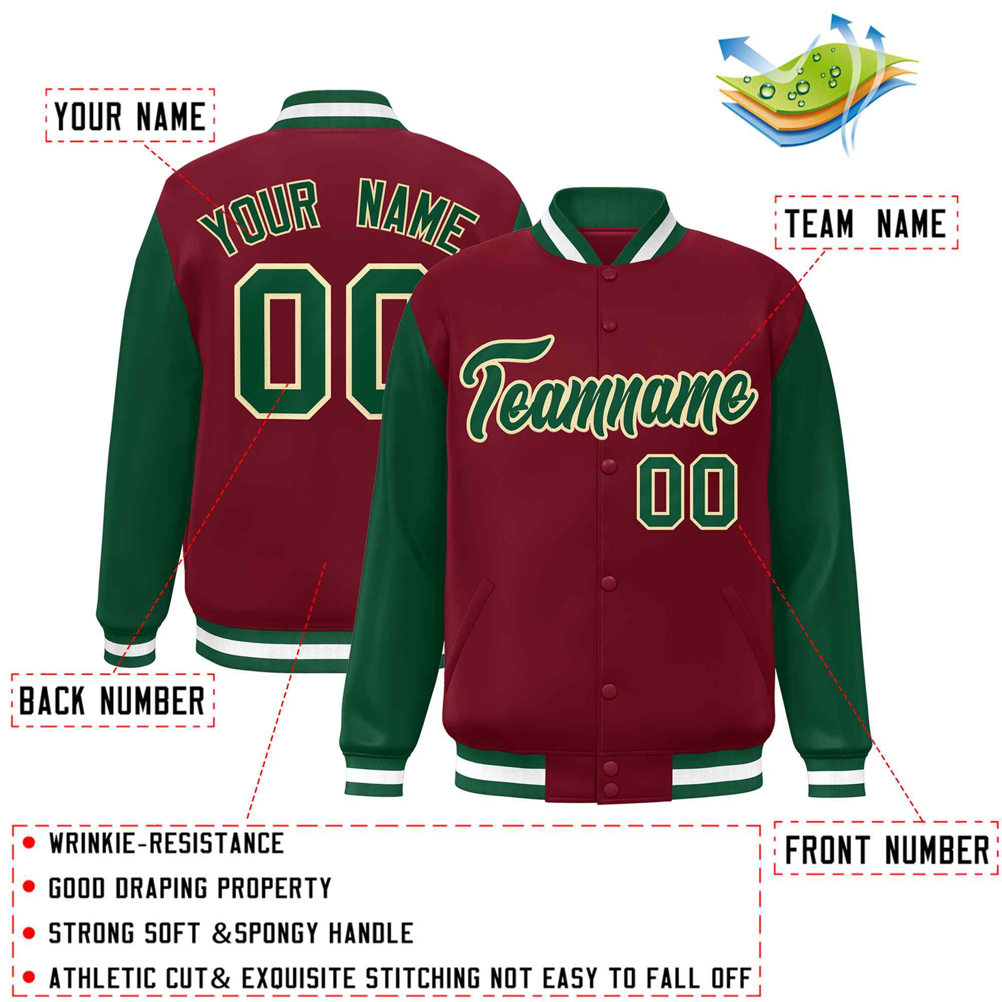 Custom Crimson Green-Khaki Raglan Sleeves Varsity Full-Snap Letterman Jacket