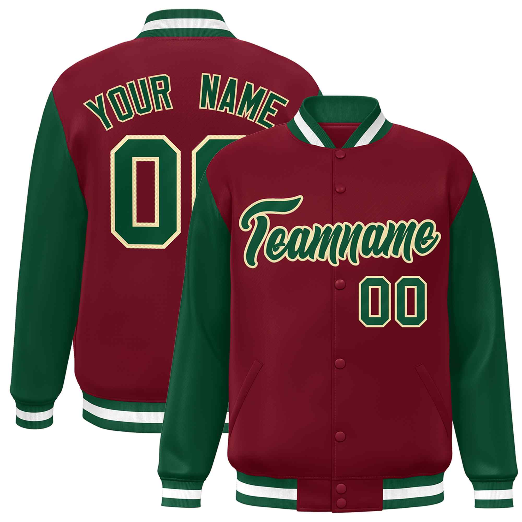 Custom Crimson Green-Khaki Raglan Sleeves Varsity Full-Snap Letterman Jacket