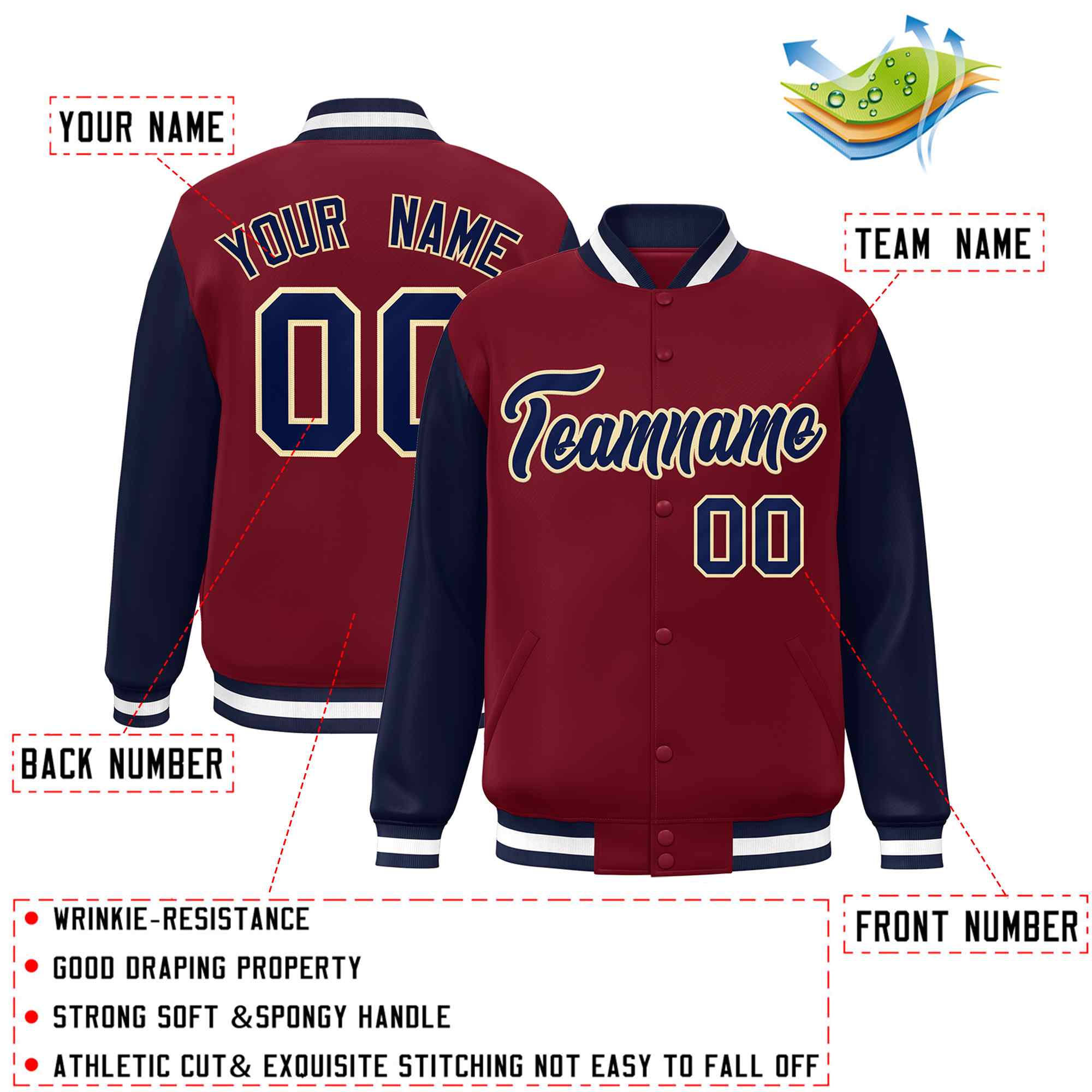 Custom Crimson Navy-Khaki Raglan Sleeves Varsity Full-Snap Letterman Jacket