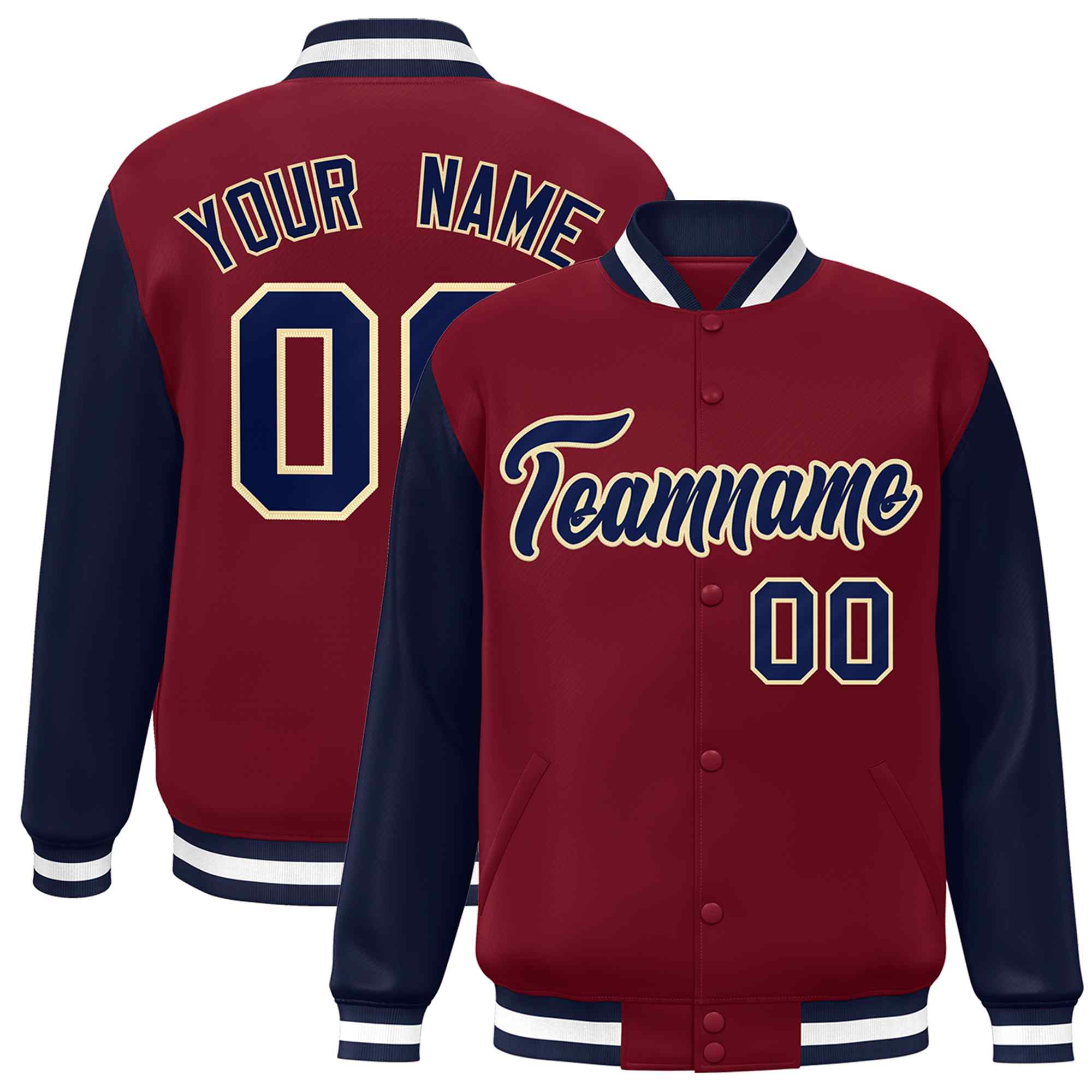 Custom Crimson Navy-Khaki Raglan Sleeves Varsity Full-Snap Letterman Jacket