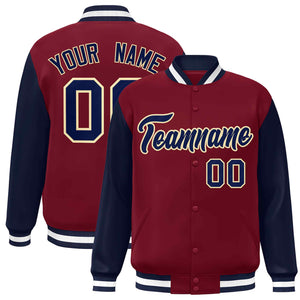 Veste Letterman Varsity Full-Snap Custom Crimson Navy-Kaki à manches raglan