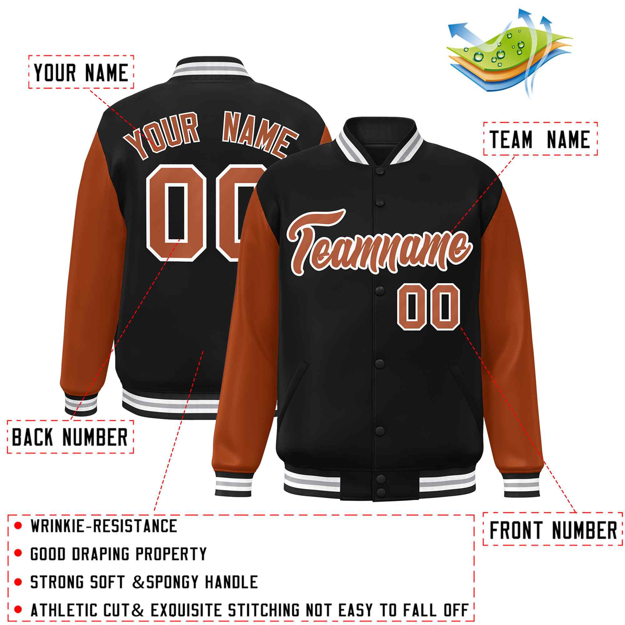 Custom Black Texas Orange-White Raglan Sleeves Varsity Full-Snap Letterman Jacket